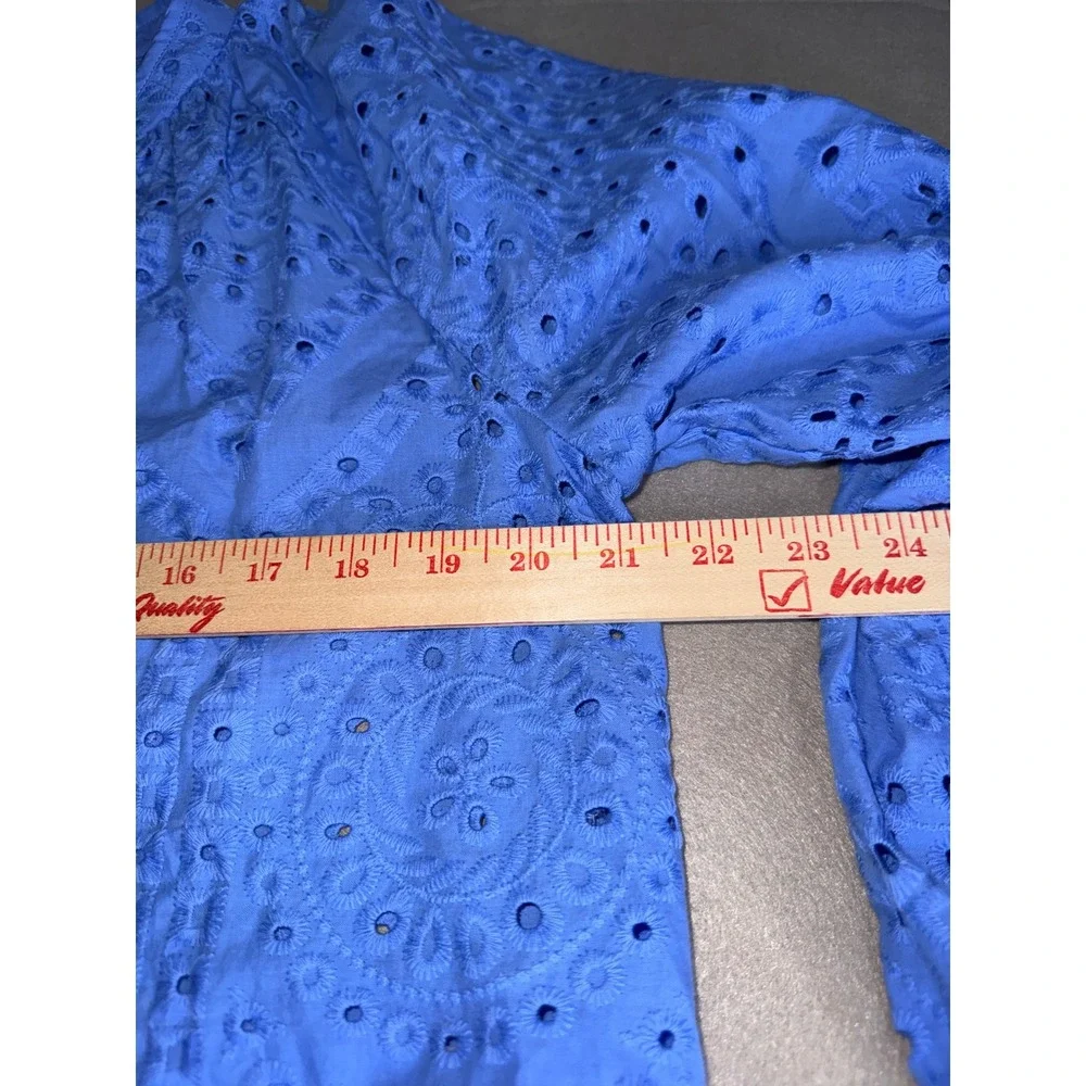 H&M Blue Eyelet Cotton V-Neck Blouse Long Sleeve Embroidered Top